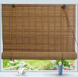 rolling bamboo blinds with beautiful flowers outside