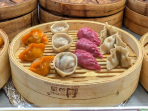 Dim sum served in bamboo steamers